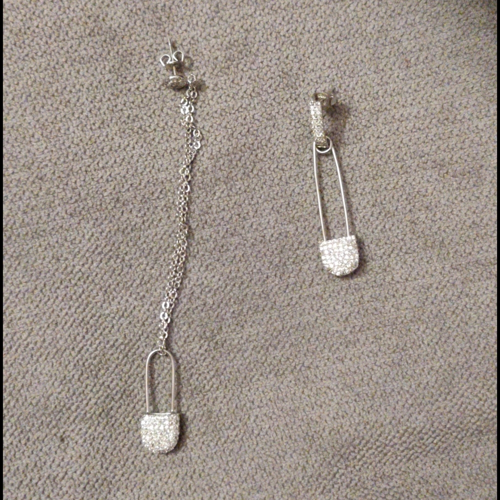 925 silver asymmetrical safety pin earrings